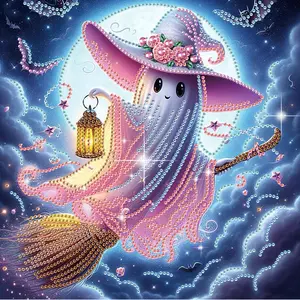 Diamond Painting Kits for Adults, DIY Broom Ghost Designs Diamond Art Special Shape Diamond Partial Mosaic Craft Kits, Home Wall Painting Decor Art Gift（11.8*11.8in）