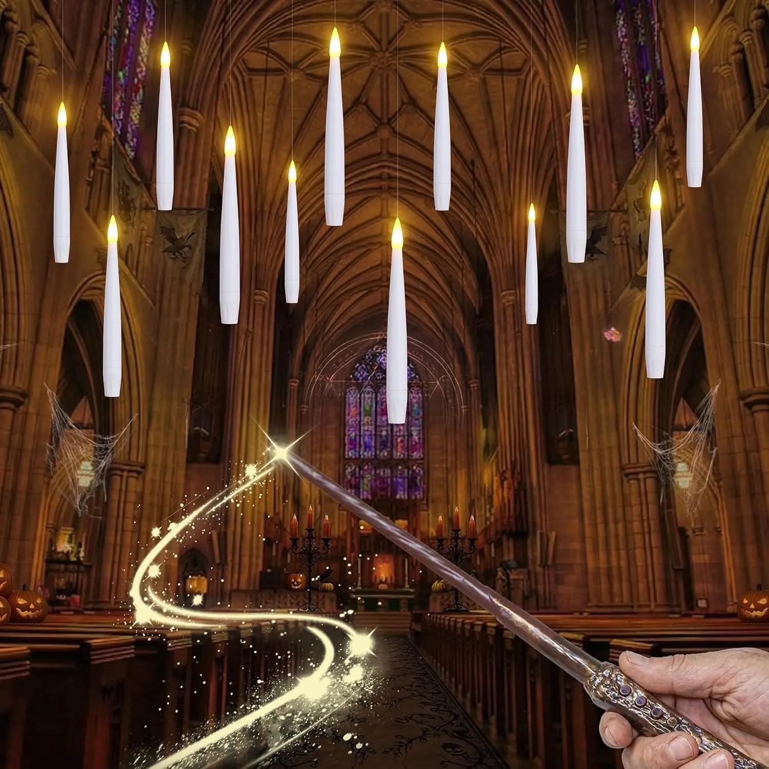12pcs Halloween Hanging 6H Timer Flameless Taper Candles with Wand Remote and String, Floating White Flickering Warm Glow Plastic 0.5" x6" LED Battery Operated for Birthday Festival Decor