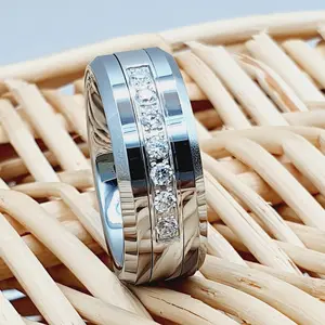 Silver Tungsten Wedding Band with Diamond for Men - Comfort Fit
