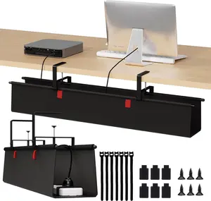 Under Desk  Management Tray - 36" Cord Organizer for Desk No Drill, Fabric Under Table Wire Organizer with 16X  Ties  for Office/, Cord Hider Fits Adapters & Sockets, Black