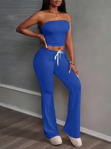 Women's solid color cropped tube top and casual trousers, casual sleeveless top and high waist trousers, Fit summer clothing