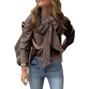 Goranbon Womens Plaid Shirts Bow Tied Neck Button Down Long Sleeve Casual Dressy Blouse Tops