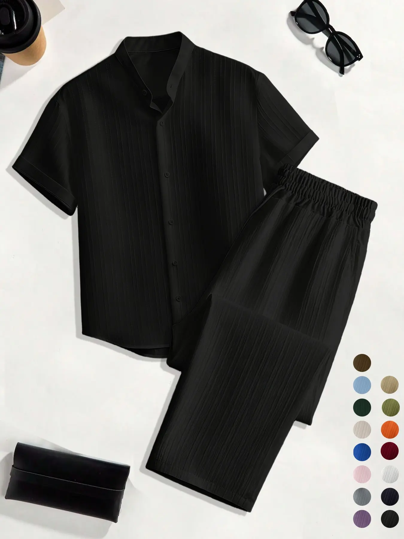 Men's Vertical Texture Stand Collar Short Sleeve Shirt Long Pants Set, Outfit, Tropical Minimalist Luxury Style, Daily Commute Men's