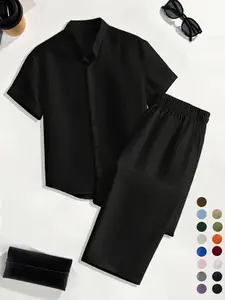 Men's Vertical Texture Stand Collar Short Sleeve Shirt Long Pants Set, Minimalist Luxury Style, Daily Commute Men's Outfit