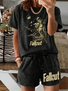 Women's Casual Two-Piece Set, Washed Short Sleeve Shorts with Bio-Savior Print, Vintage Street Fashion, Perfect for Holidays and Travel, Womenswear