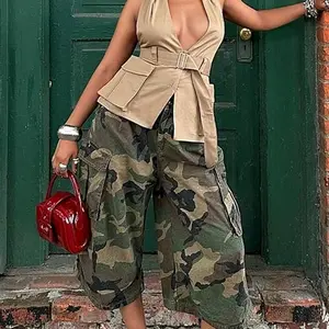 Women's Camo Pants, Street Fashion Casual Loose Fit Wide Leg Cargo Pants with Pockets, Home Wear, Trendy Workwear Style