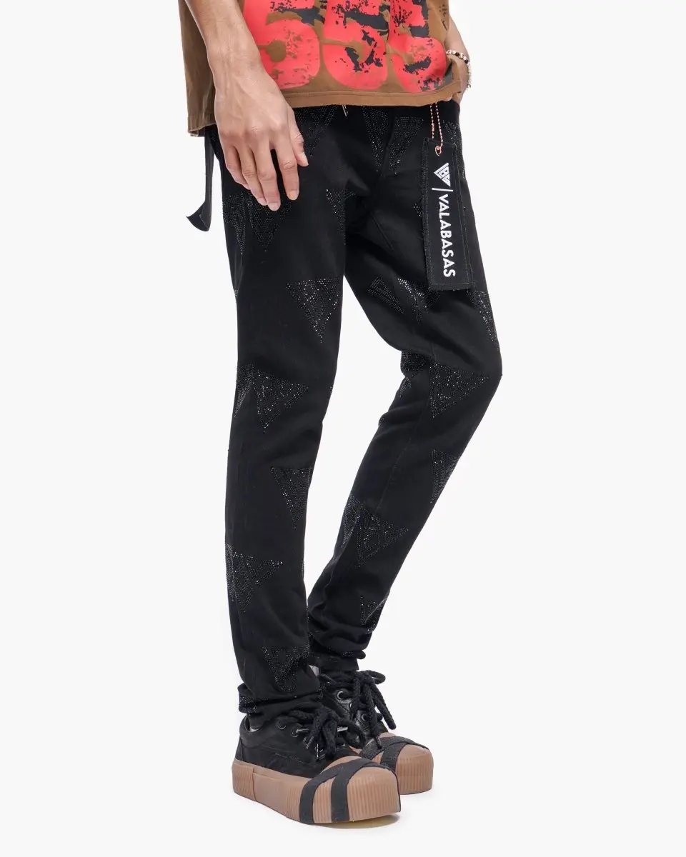 Menswear Scatter Skinny Jet Black Jeans, Spandex-Elastane Blend, Stretch Fabric, Button Closure, Zip Fly, All-Over Rhinestone Logo, Cotton, Rhinestones, Casual Wear, True Size, Logo Artwork, Denim