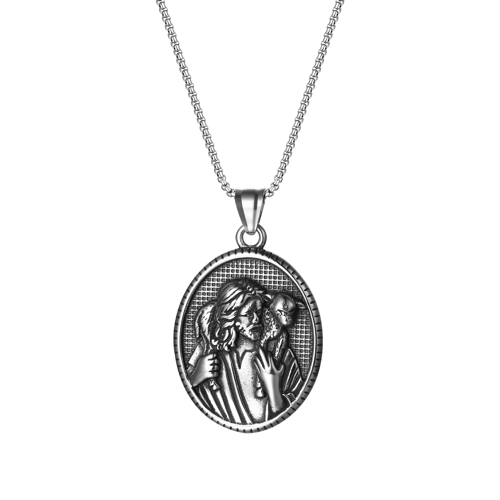 Unisex OIDEA Stainless Steel Religious Motif Necklace - Jesus Shepherd Design with Jesus Image, Vintage Oval Medal Pendant, 23.62in Steel Chain, Fashion Costume Jewelry Gift, Religious Motif Necklaces