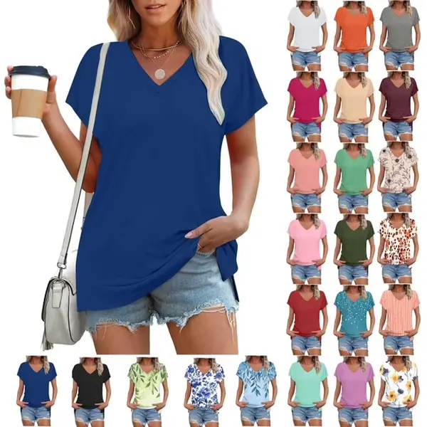 Women's V Neck T Shirt, Casual Loose Fit Short Sleeve Summer Top, Solid Color Raglan Tee