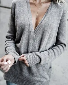 Heather Knitwear Surplice Plunging Neck Long Sleeve Knit Top casual basic crew neck t-shirt