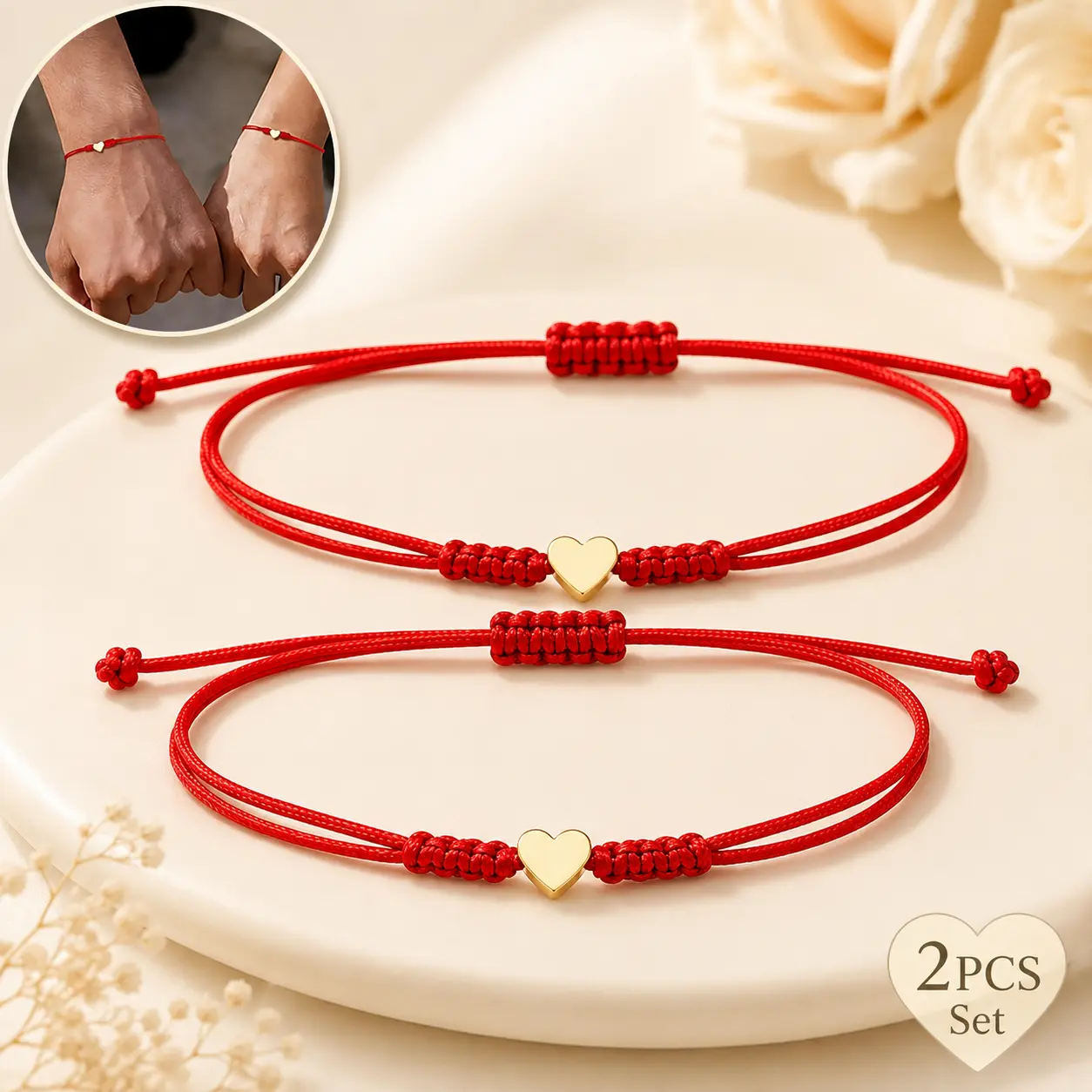 YLNWH 2PCS Red String Heart Bracelets for Couples, Adjustable Matching Friendship Bracelets with Gold-Tone Heart Charm, Hand-Woven Lucky Rope Bracelet Set for Women Men, Gifts for Couples Best Friends Family