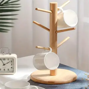 Bamboo Mug Holder Tree - Coffee Cup and Tea Cup Organizer with 6 Hooks for Countertop - Stylish Coffee Bar Accessory Bamboo Wood Stand