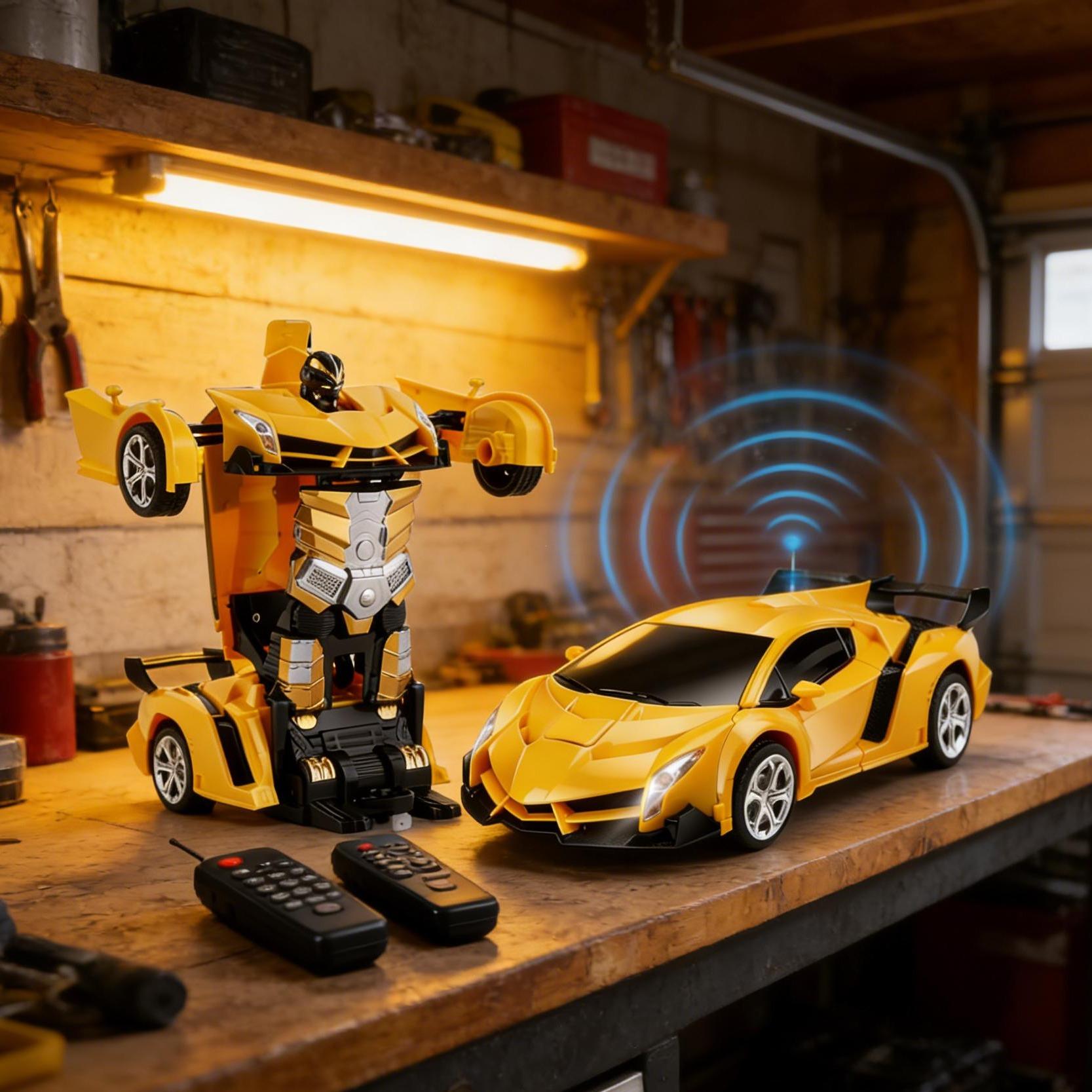 Remote Control Yellow Super Car to Robot Toy with One-Button Deformation,  Fast Remote Control Sports Car That Turns Into a Robot, Cool Action Toy for Boys & Racing Fans