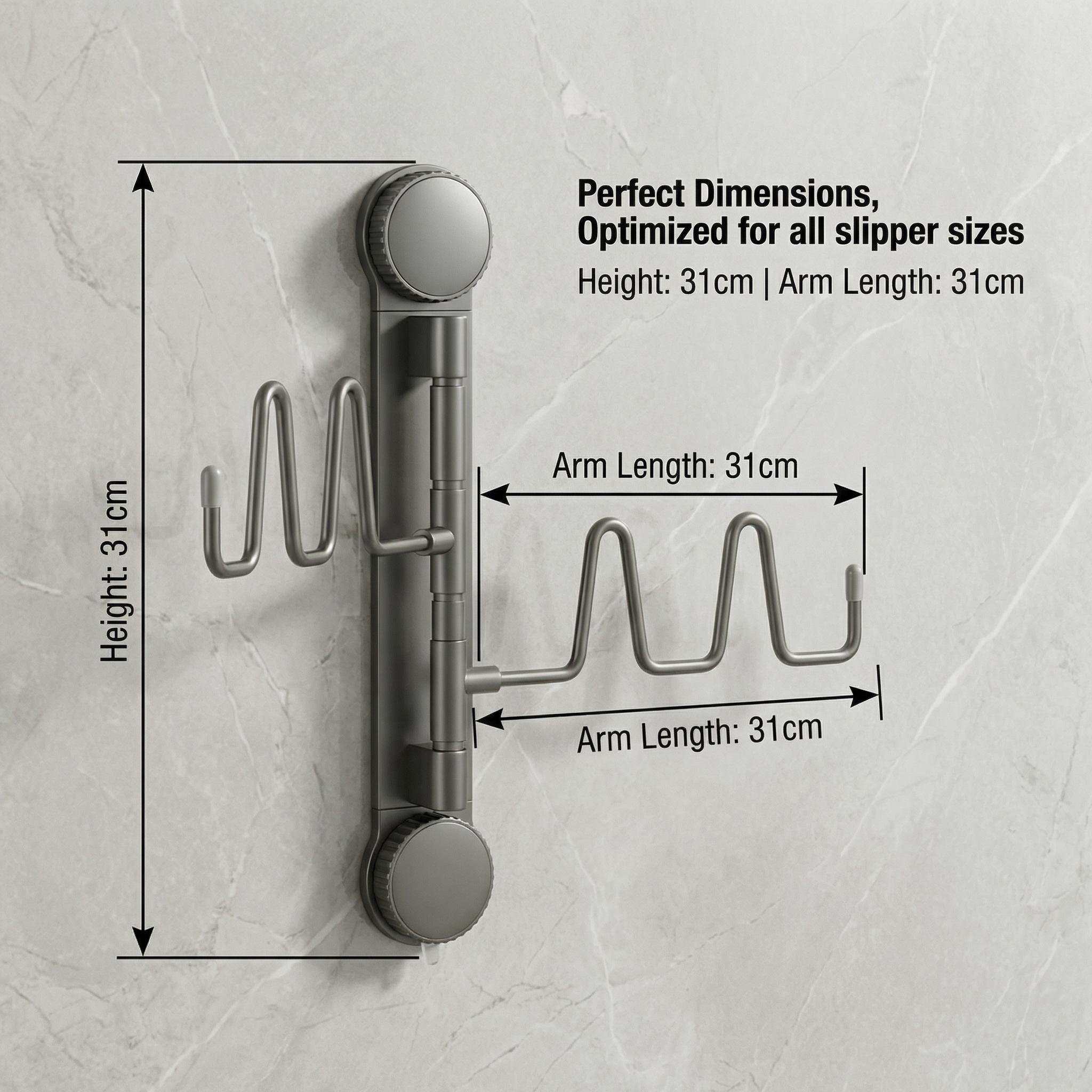 No-Drill Space Aluminum Slipper Rack, Wall Mounted Rotatable Shoe Organizer, Renter-Friendly Bathroom Storage, Heavy Duty Suction Cup Holder for Slippers, Towels, Kitchen Utensils