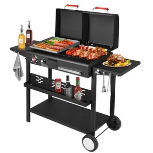 Bestfire 2-in-1 Dual-Fuel Barbecue Grill and Cast Iron Flat Top Griddle, Portable Stainless Steel Combo with Propane & Charcoal Burners, Side Shelves & Easy-to-Clean Design for Outdoor Cooking picnic cooker