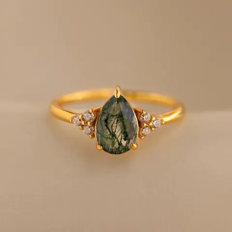 Agate Teardrop Ring by Caitlyn Minimalist - Vintage Style Moss Agate & Diamond Ring - Art Deco Jewelry - Christmas Gift for Wife