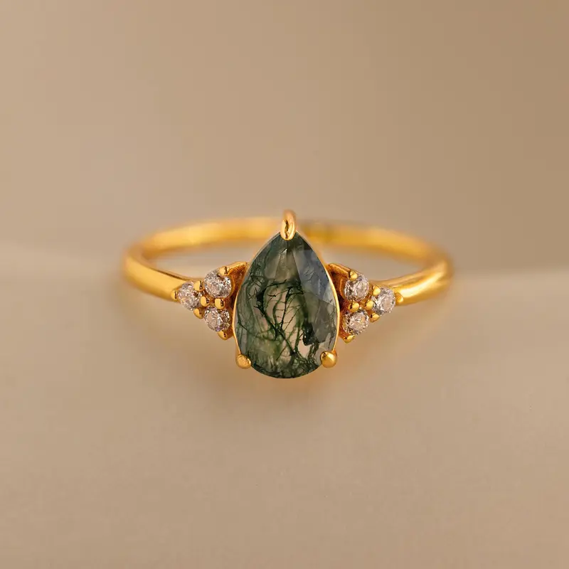 Agate Teardrop Ring by Caitlyn Minimalist - Vintage Style Moss Agate & Diamond Ring - Art Deco Jewelry - Christmas Gift for Wife