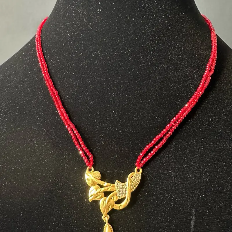 Female Alloy Mini Mangalsutra - Red Beaded with Flower Pendant, Metal Coating, 1-Size Fashion Accessory Necklace, Thoughtful Gift for Her