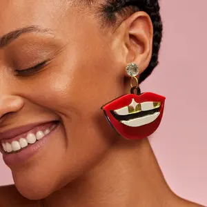 Say Cheese Earrings - Red Lips with Gold Grill Smile, Lightweight , Shiny, and Statement Earrings