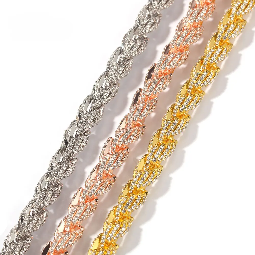 Hip Hop Men Necklace 9mm Gold Alloy Diamond Twist Chain Exaggerated Fashion Jewelry Multiple Sizes