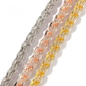 Hip Hop Men Necklace 9mm Gold Alloy Diamond Twist Chain Exaggerated Fashion Jewelry Multiple Sizes