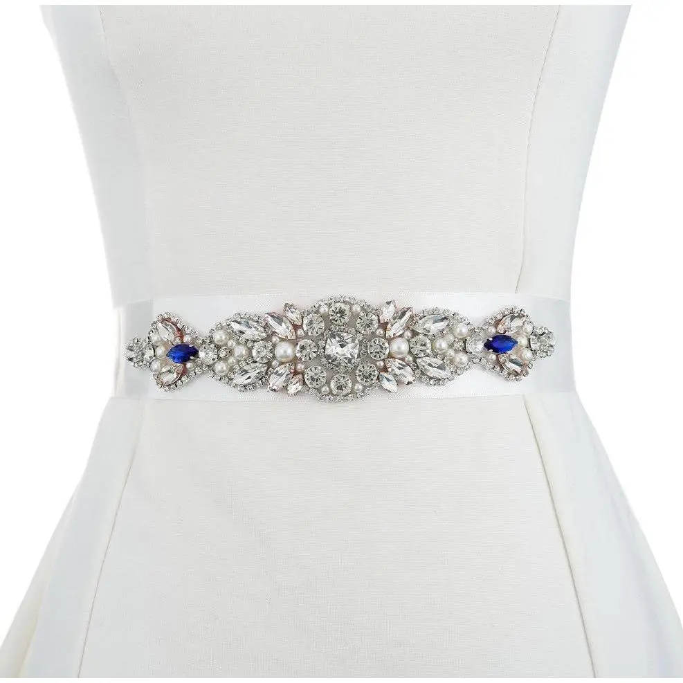 Wedding Dress Belt - Bridal Dress Belt - Blue Crystal Sash