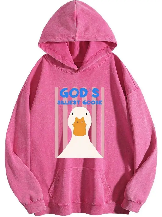 Holafish Cotton Acid Washed Hoodie God's Silliest Goose Funny Goose Graphic Hoodie Single‑Side Printed Unisex Vintage Casual Sweatshirt Summervibes 2026 New Color