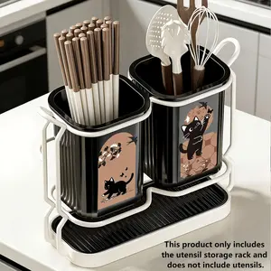 2-Color Carbon Steel Kitchen Utensil & Knife Holder with 2 Utensil Buckets, 2-in-1 Countertop & Wall-Mounted Storage Rack, Removable Drip Tray, Cute Cat Pattern Design, Durable, Perfect for Storing Knives, Chopsticks, Spoons, Forks & Cooking Tools