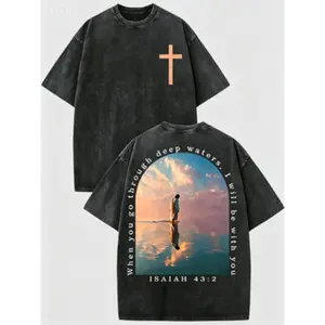 Men's 230g Washed Pure Cotton Short-Sleeve Round Neck T-Shirt, Cross & Isaiah Verse Design, Double-Sided Print, Distressed Drop-Shoulder Retro Y2K Vintage Streetwear, Casual Menswear Summer Top