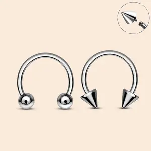 Oufer 2Pcs 18G Titanium Internally Threaded Spike & Ball Ends Horseshoe Septum Nose Ear Piercing Ring Inner Diameter 6mm-12mm