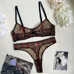 Sexy Leopard Print Lingerie French Bra Ultra-Thin Mesh Set A02