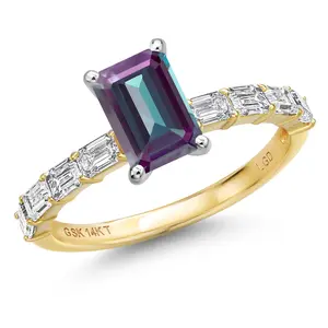 Gem Stone King 14K Two Tone Gold Gemstone Birthstone and Lab Grown Diamond Engagement Ring For Women | Emerald Cut 7X5MM and 3X2MM | Wedding Anniversary Ring | Available in Size 5 to 9