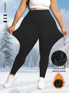 Women's Plus Size Fleece Lined Tight Pants, High Waist Design, Elastic Soft Warm Fabric, Fall Winter Solid Color Casual Style