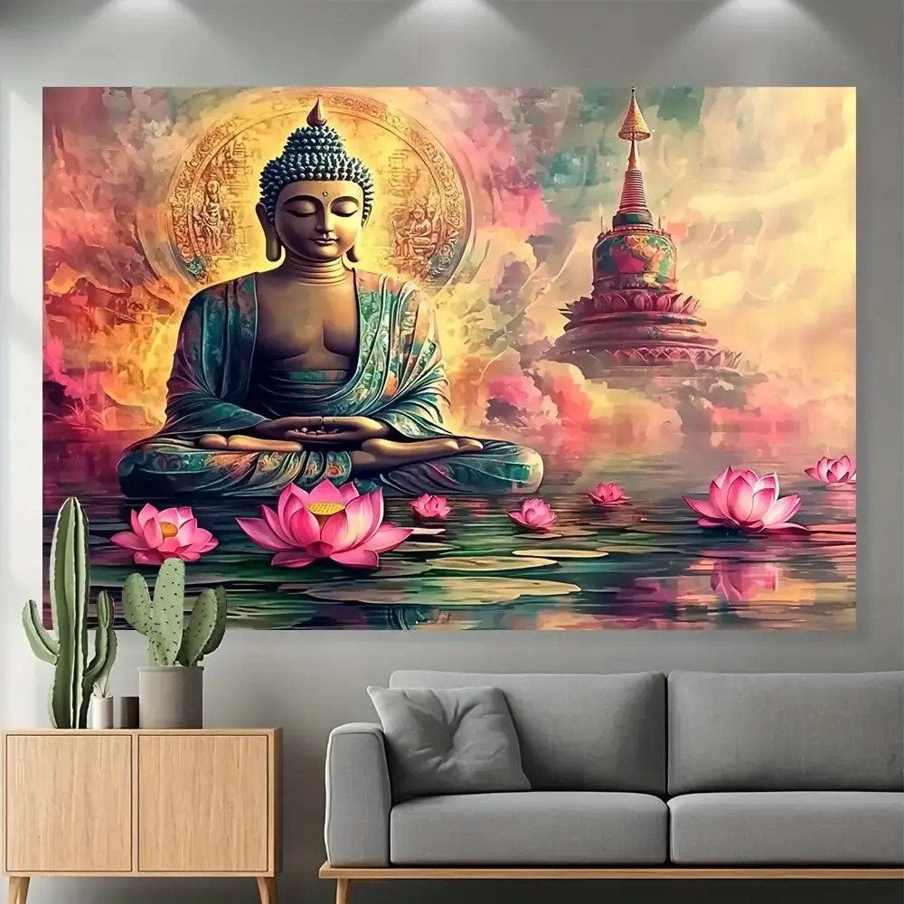 Retro Polyester Buddha Statue & Print Tapestry Set - Classic Decorative Asian Wall Art, Zen Home Accent, Family Celebration Gift with Stickers & Letters, Camouflage Design, Easy to Clean, Machine Washable