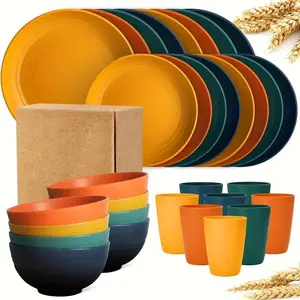 Colorful Straw Bowl Dish Plate Cup Outdoor Disk Set Plastic Drop-Resistant Plate and Bowl Cup Tableware Convenient Set Cutlery charcuterie board