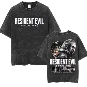 Retro Washed Black Oversized T-Shirt, Resident Evil Requiem Collage & Horror Character Graphic Print, Casual Short Sleeve, Unisex Streetwear for Men & Women, Loose Fit for Outdoor & Daily Wear