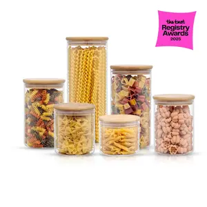 JoyJolt Borosilicate Glass Jars With Bamboo Lids, 6 Pc Set of Air Tight Sealable Containers, Food Jar Canisters with Airtight Lid for Pantry Storage and Kitchen Organization