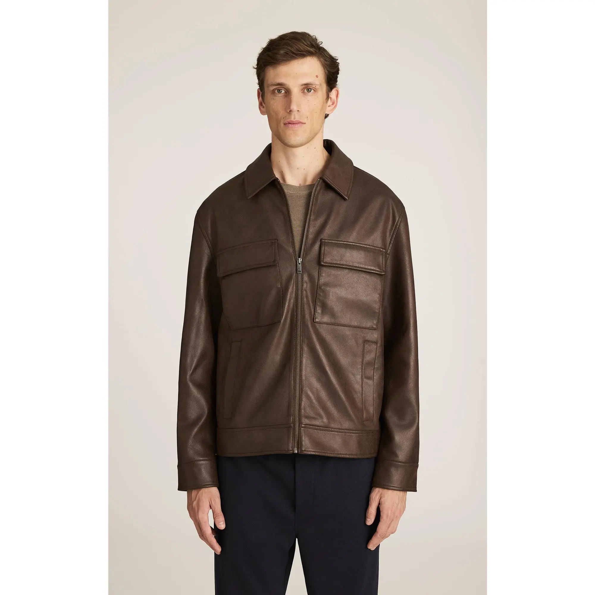Men's Classic Straight Faux Leather Fabric Harrington Jacket - Demitasse, Menswear Tops & Coats