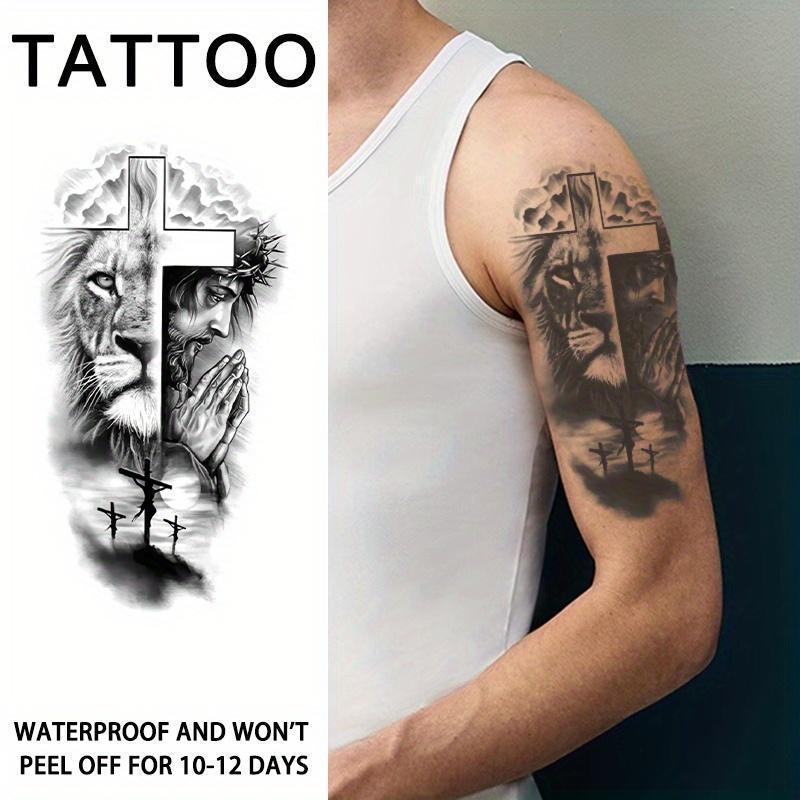 Waterproof Retro Look Temporary Tattoo Stickers Multi-Pack (6 Total-2 Specific Designs, 4 Random Designs) - Big Tough Lion Cross Fake Tattoos for Adults' Arms, Legs
