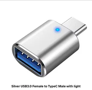 USB 3.0 Female to Type C Male Adapter with LED Light Silver Color High-Speed Data Transfer 2 Pack for Reliable Data Transfer