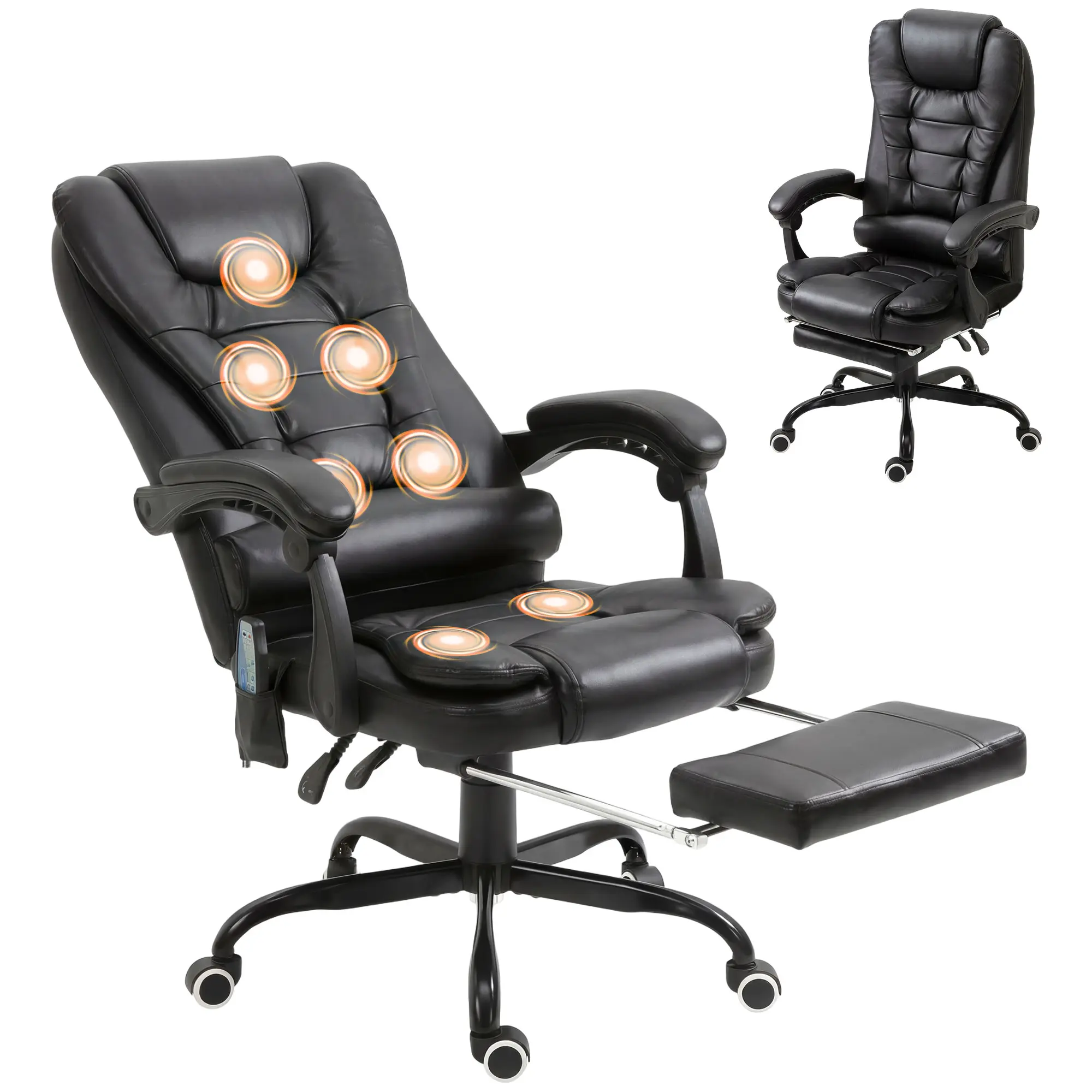 7-Point Massage Office Chair – Black. 7 Vibrating Motors + Remote. 155° Recline + Footrest. Adjustable Height (43.75"-47.75") + 360° Wheels. Head Pillow + Lumbar Support. PU Leather. 265 lbs Cap