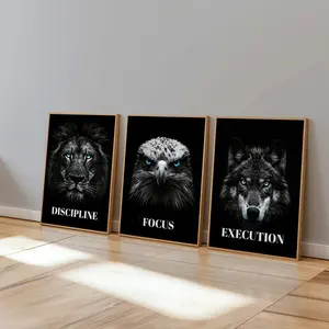 Set of 3 - Motivational Animal Prints Set: Lion, Eagle, Wolf - Black and White Poster #49g1