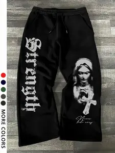 Men's Fall Winter Casual Letter Print Pants, Drawstring Straight Leg Long Pants, Outdoor Sports Joggers, Fitted H-Type, Runner Pants