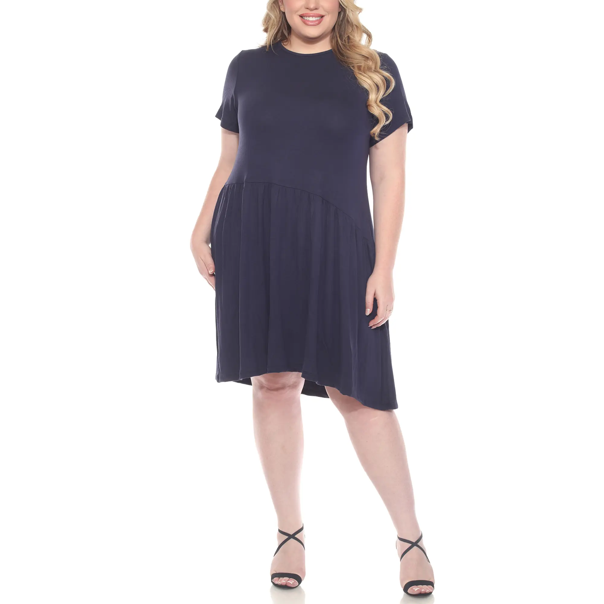 White Mark Asymmetrical Drop Waist Short Sleeve Swing Dress, Women's Plus, 1X-3X