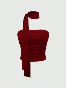 Women’s Solid-Color Halter Top with Ribbon Tie and Ruched Tube Design; A Comfortable, Trendy Casual Bandeau for Summer, Suitable for Travel, Dates, Parties, and Vacations.