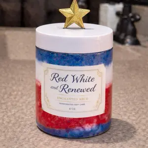 Red White and Renewed ! Enchanted Arch creamy and foaming Sugar Scrub 8 oz Handcrafted Body Care with Red White and Blue Colors. Scented in a blissful fragrance from natures Garden.