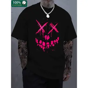 Funny Vintage Men'S Casual Black T-Shirt With Bold Pink Skull And X Graffiti Print – 100% Cotton, Short Sleeve, Round Neck, Machine Washable