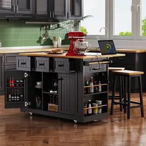 53inch Large Kitchen Island with 2 Bar Stools, Power Outlet, Door Internal Storage Rack, Kitchen Storage Cart on 5 Wheels with Drop Leaf, 5 Open Side Racks, 3 Drawers, for Kitchen, Dining Room