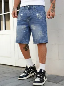 Summer's Hottest Men's Constellation Rhinestone-Embellished Slant Pocket Jean Shorts, Non-Elastic Y2K Street Style Men's Eye-Catching Denim Shorts, TikTok Hot Search Same Style
