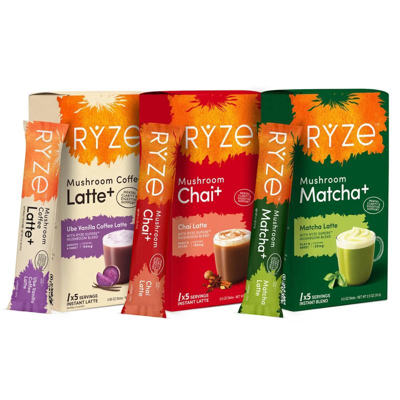 RYZE Mushroom Coffee Latte+ Ube Vanilla, Chai, Matcha Instant Drink Blends - 15 servings total (x5 each)